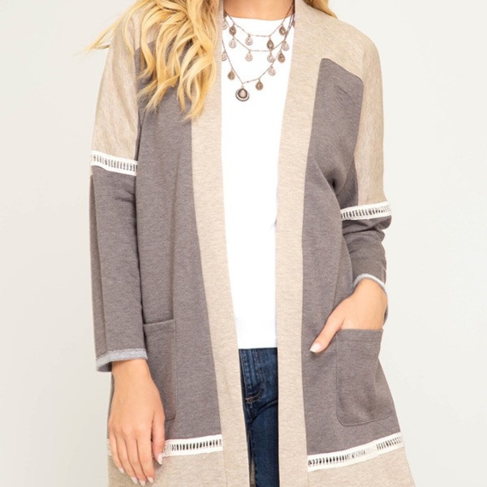 Open Front Color Block Cardigan